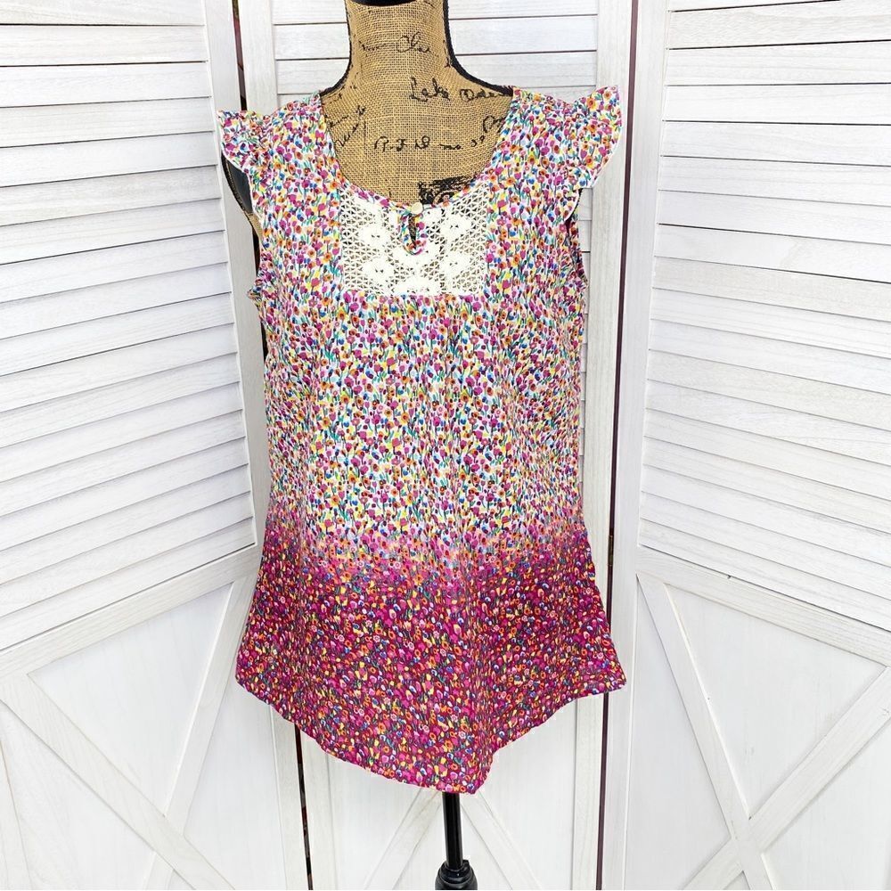 Y2K Cottagecore Ditsy Floral Crochet Flutter Sleeve Boho Top Pink Small Blouse‎